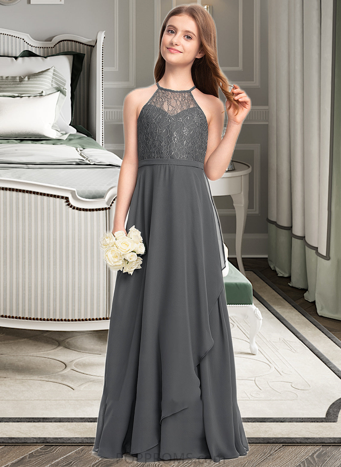 Livia A-Line Scoop Neck Floor-Length Chiffon Lace Junior Bridesmaid Dress With Cascading Ruffles PP6P0013389