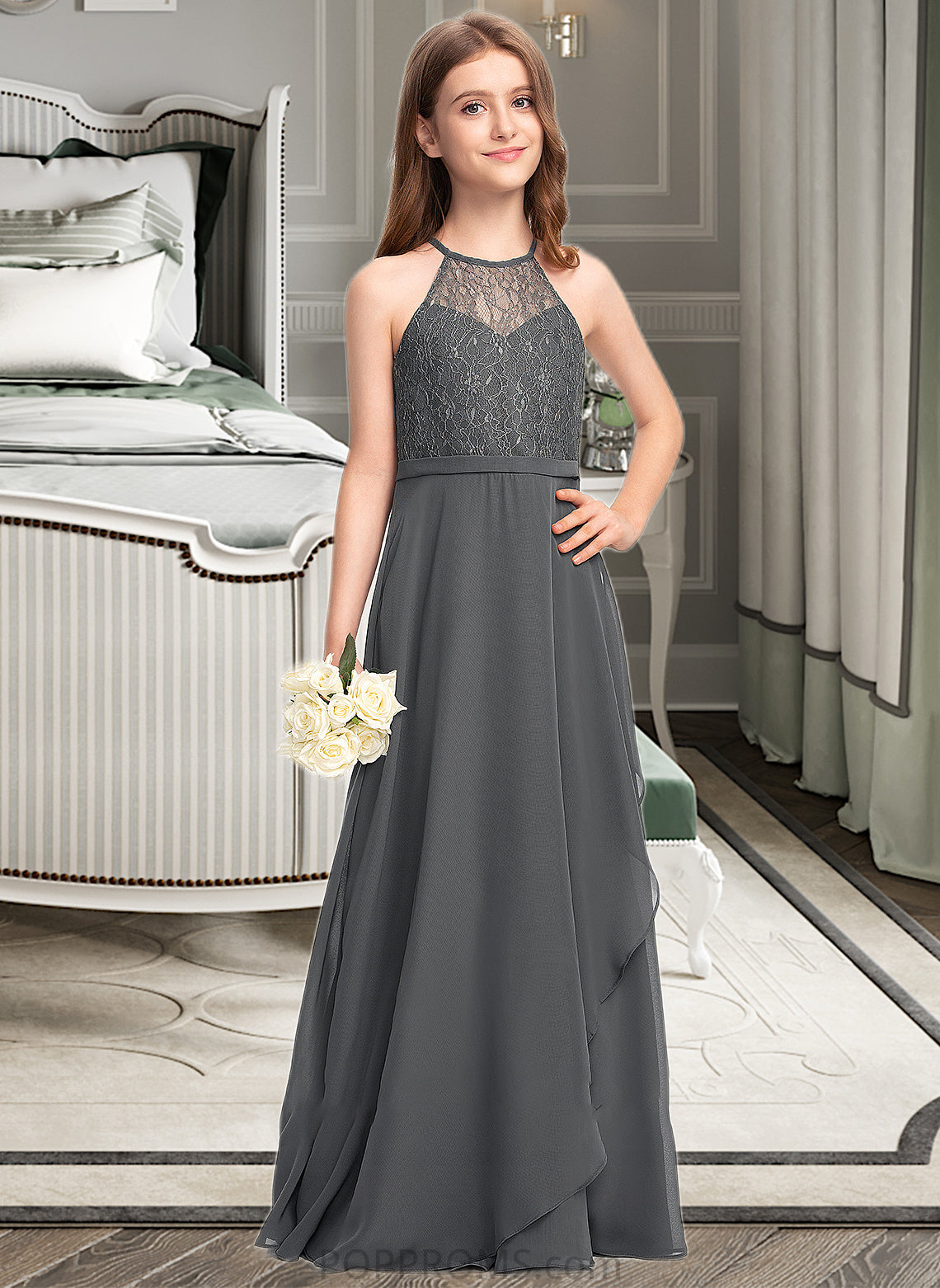 Livia A-Line Scoop Neck Floor-Length Chiffon Lace Junior Bridesmaid Dress With Cascading Ruffles PP6P0013389