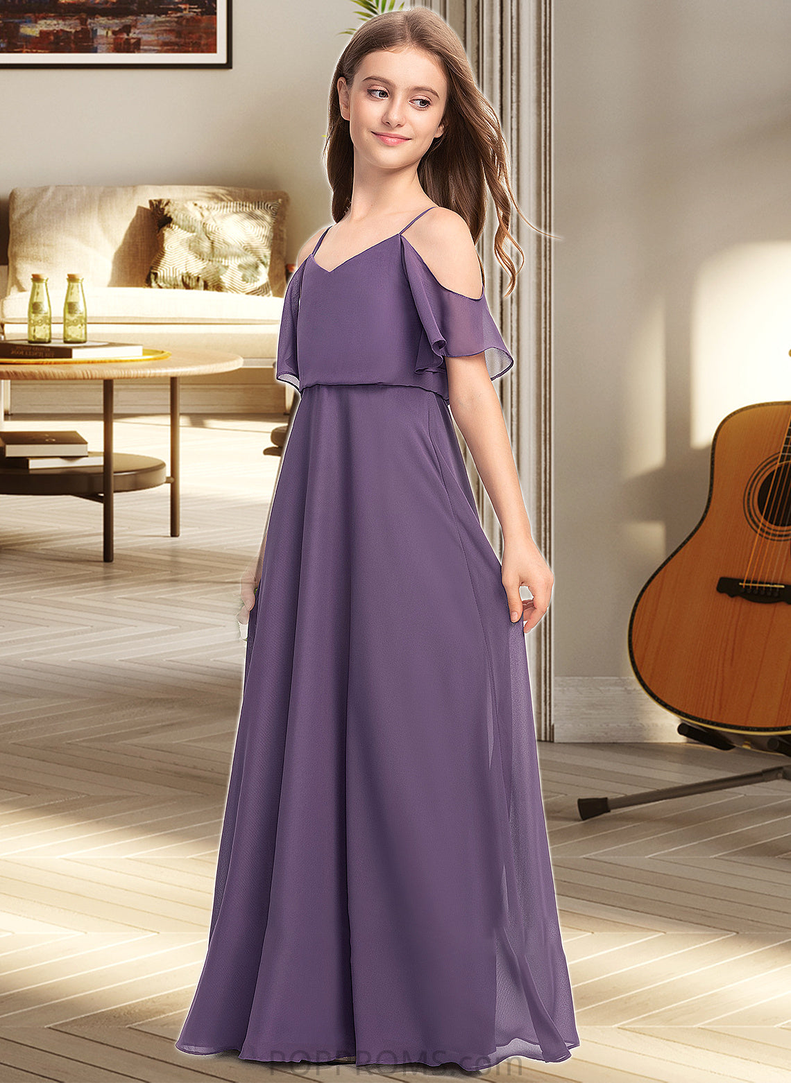 Carley A-Line V-neck Floor-Length Chiffon Junior Bridesmaid Dress PP6P0013390