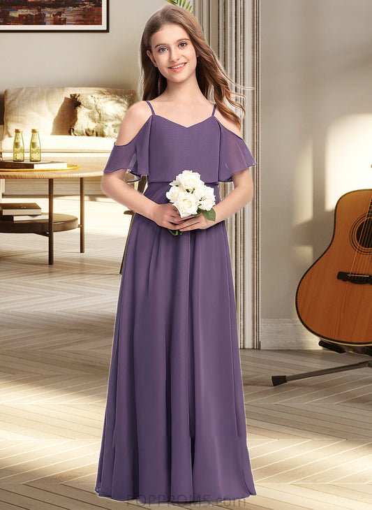 Carley A-Line V-neck Floor-Length Chiffon Junior Bridesmaid Dress PP6P0013390