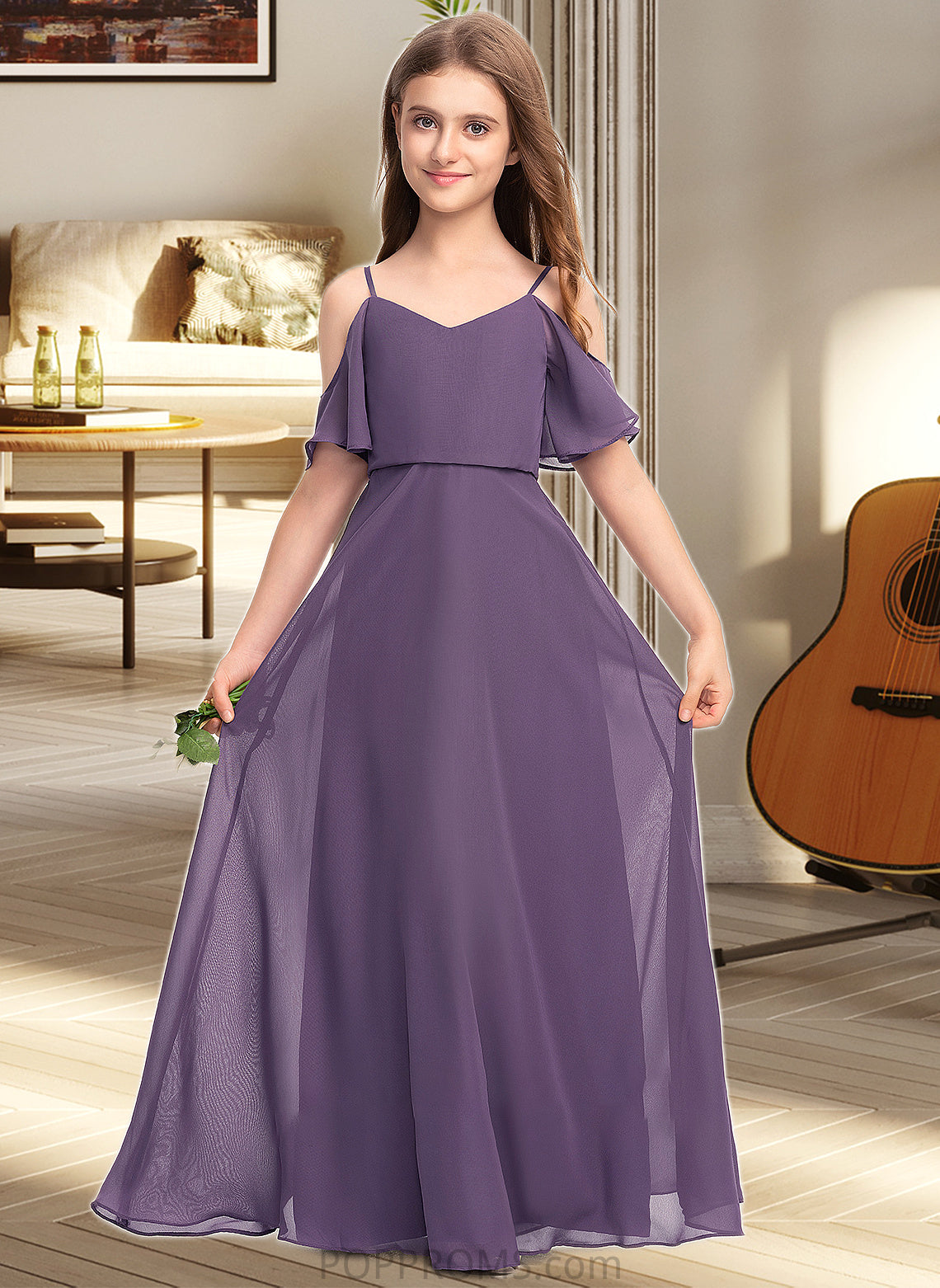 Carley A-Line V-neck Floor-Length Chiffon Junior Bridesmaid Dress PP6P0013390