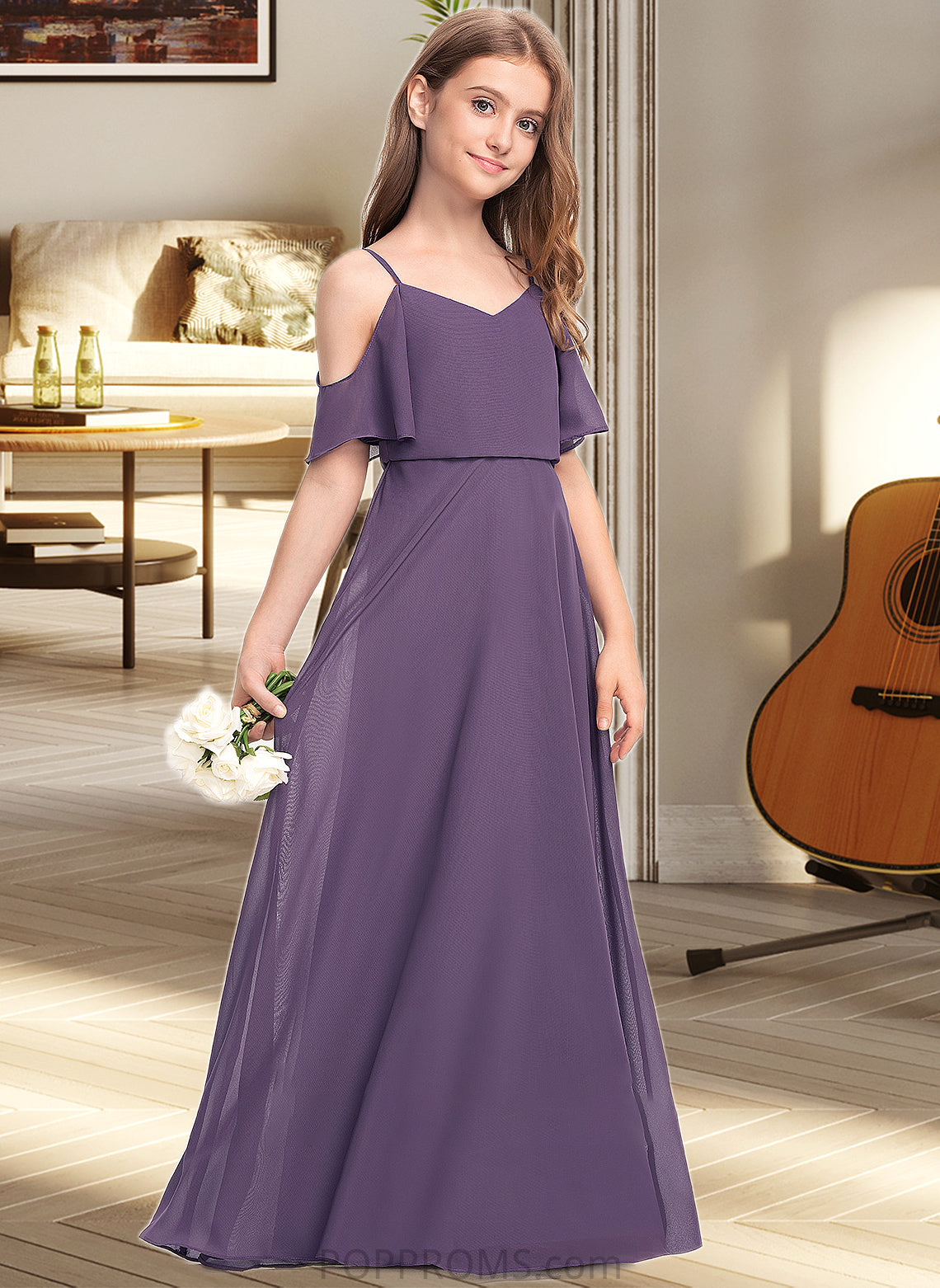 Carley A-Line V-neck Floor-Length Chiffon Junior Bridesmaid Dress PP6P0013390