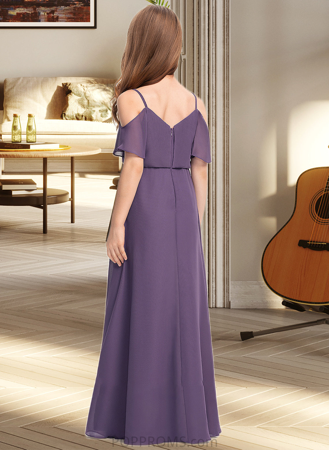 Carley A-Line V-neck Floor-Length Chiffon Junior Bridesmaid Dress PP6P0013390