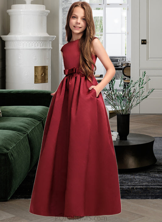 Madilynn A-Line Scoop Neck Floor-Length Satin Junior Bridesmaid Dress With Bow(s) Pockets PP6P0013391