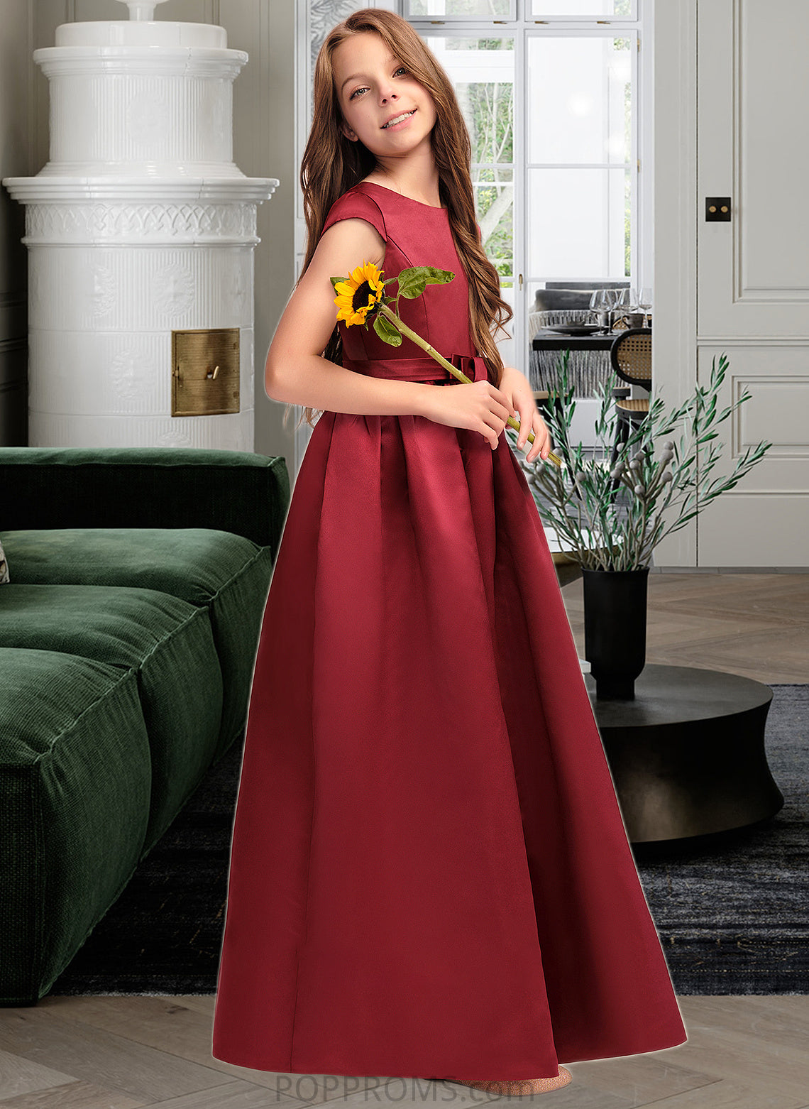 Madilynn A-Line Scoop Neck Floor-Length Satin Junior Bridesmaid Dress With Bow(s) Pockets PP6P0013391