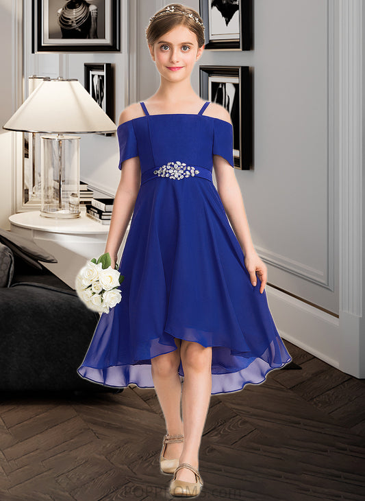 Isabela A-Line Off-the-Shoulder Asymmetrical Chiffon Junior Bridesmaid Dress With Beading Bow(s) PP6P0013392