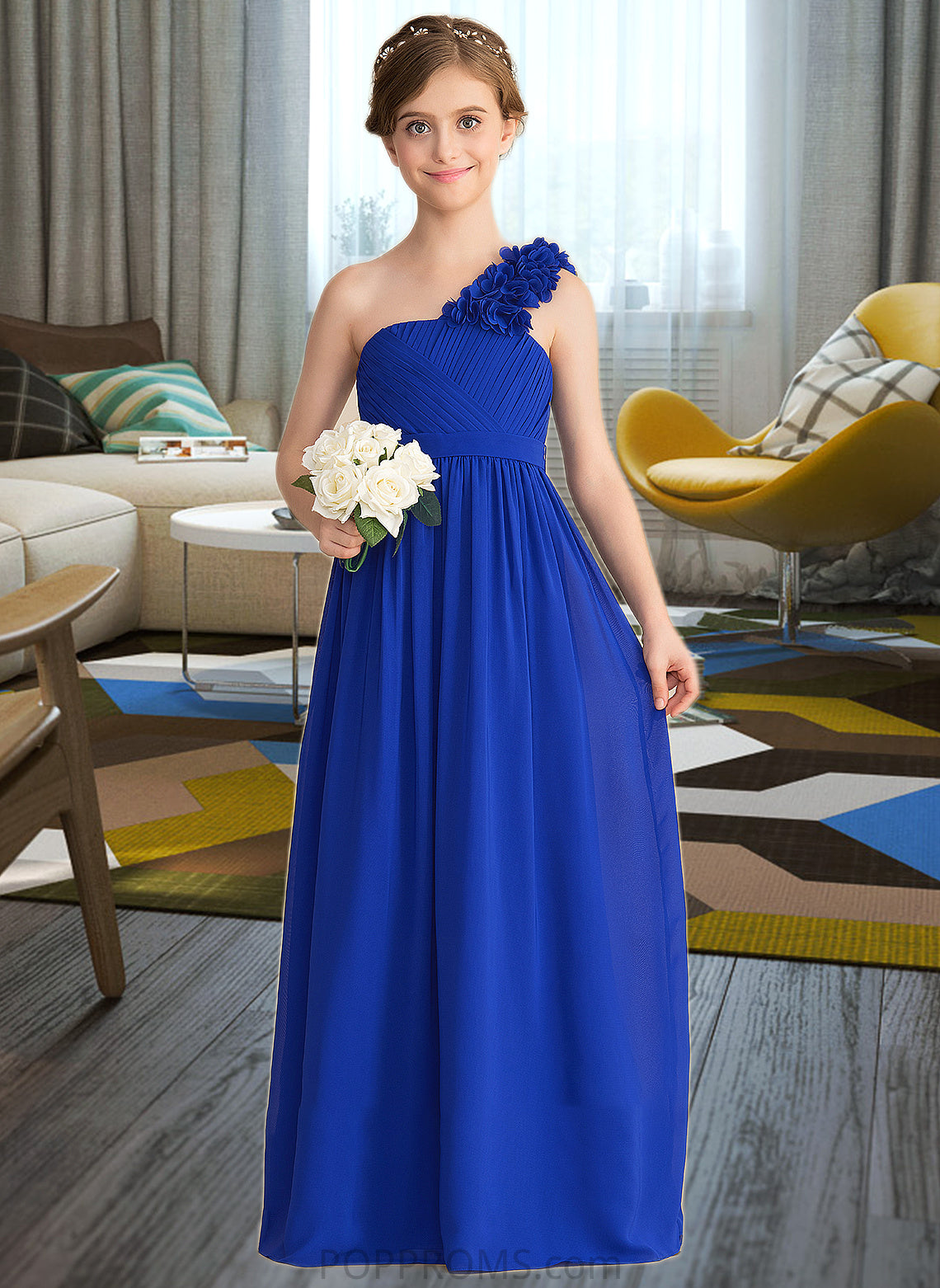 Cristina A-Line One-Shoulder Floor-Length Chiffon Junior Bridesmaid Dress With Ruffle Flower(s) PP6P0013393