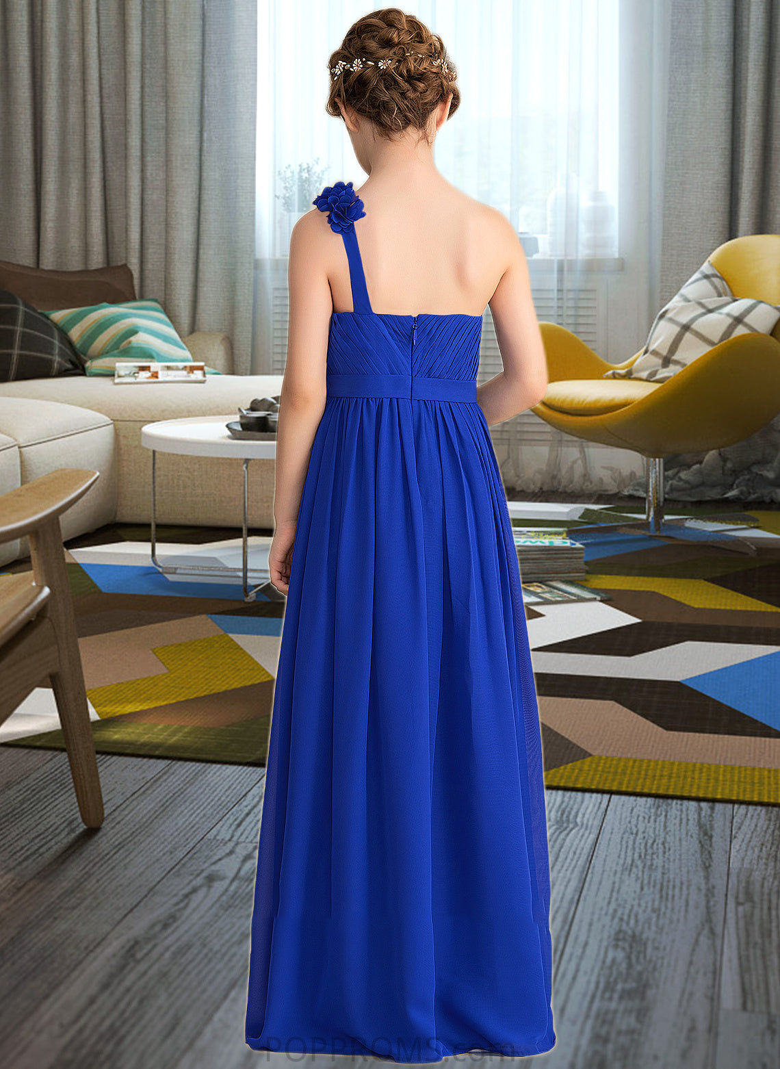 Cristina A-Line One-Shoulder Floor-Length Chiffon Junior Bridesmaid Dress With Ruffle Flower(s) PP6P0013393