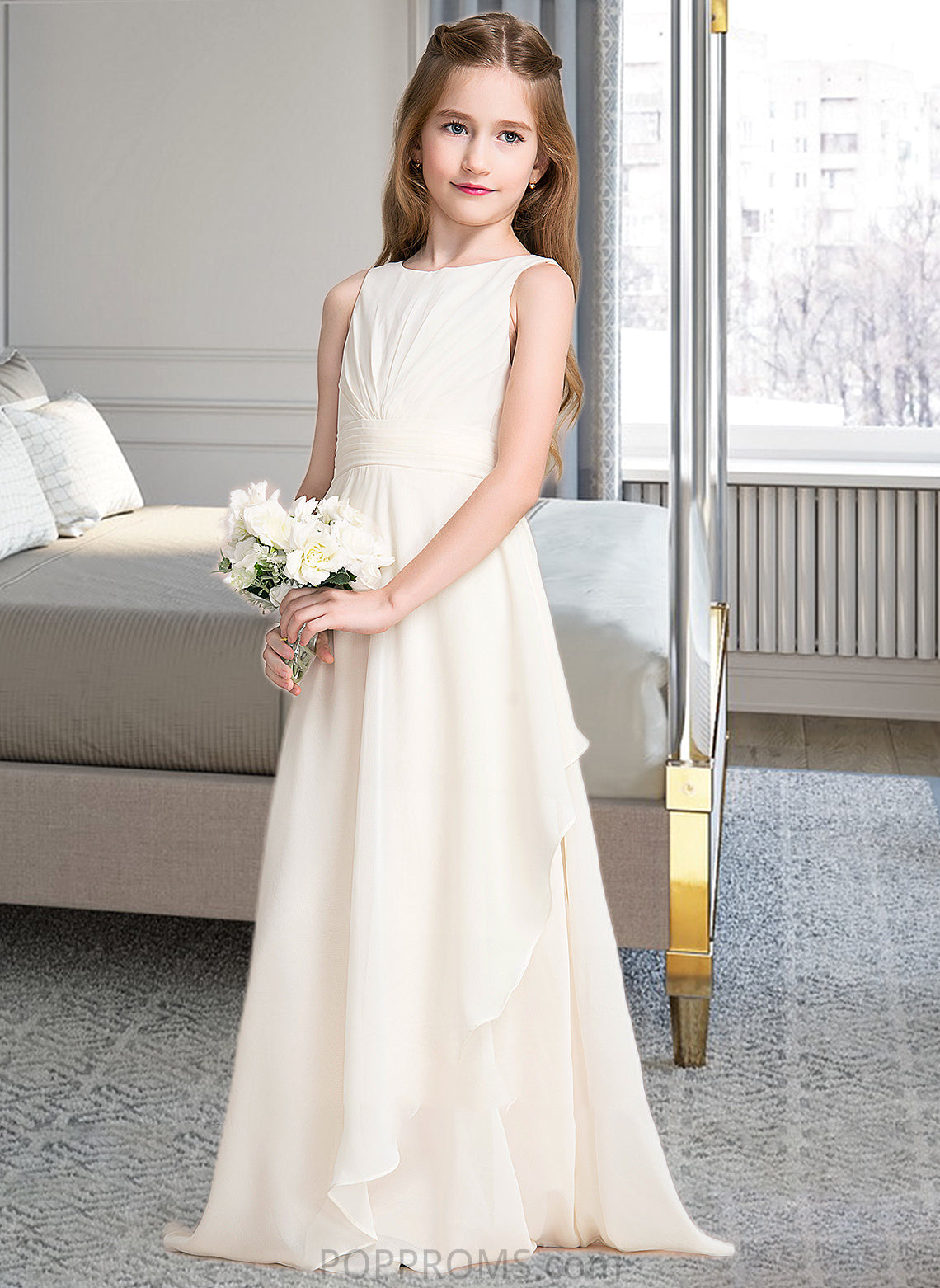 Haley A-Line Scoop Neck Floor-Length Chiffon Junior Bridesmaid Dress With Cascading Ruffles PP6P0013394