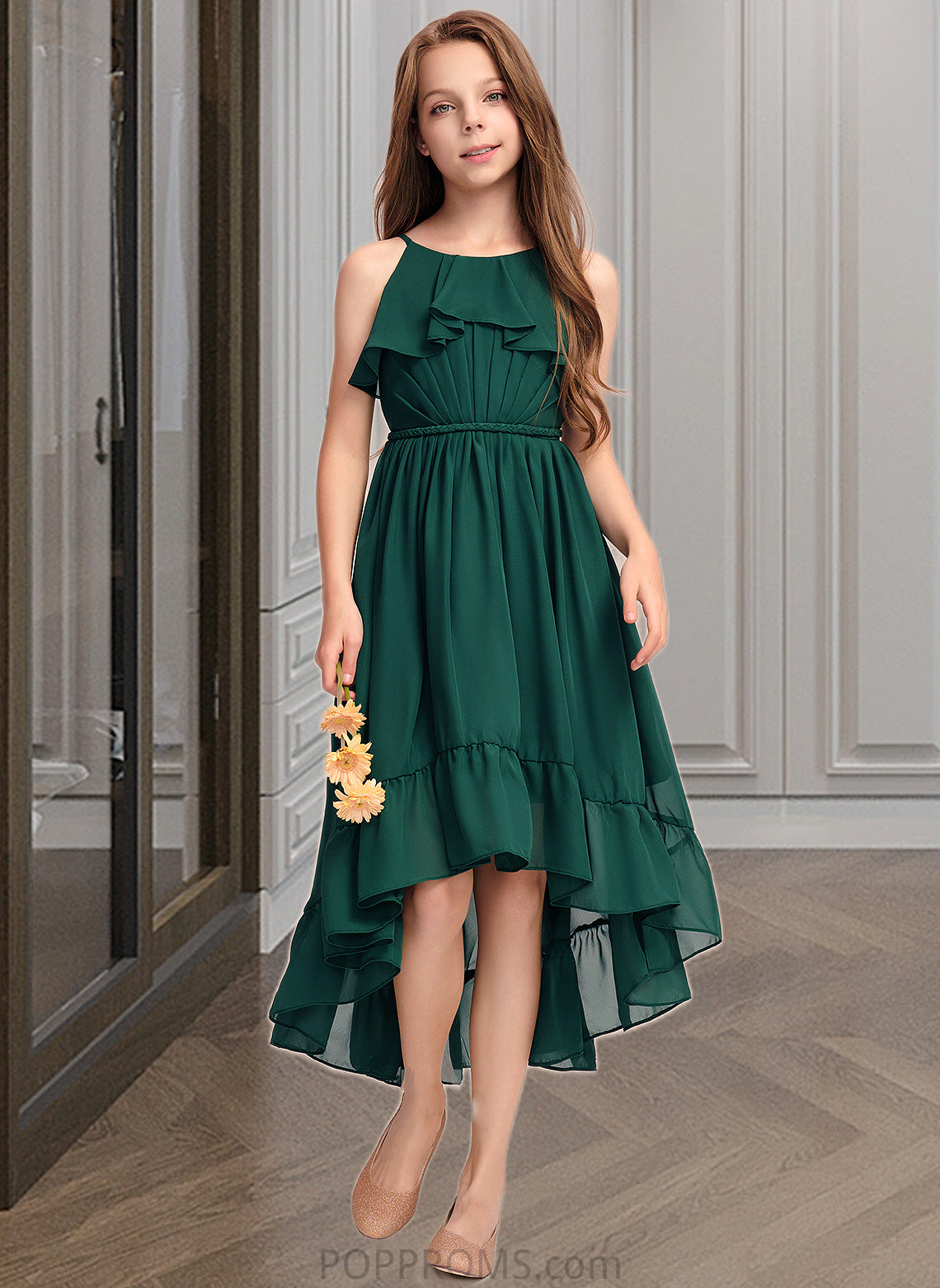 Gia A-Line Scoop Neck Asymmetrical Chiffon Junior Bridesmaid Dress With Cascading Ruffles PP6P0013395