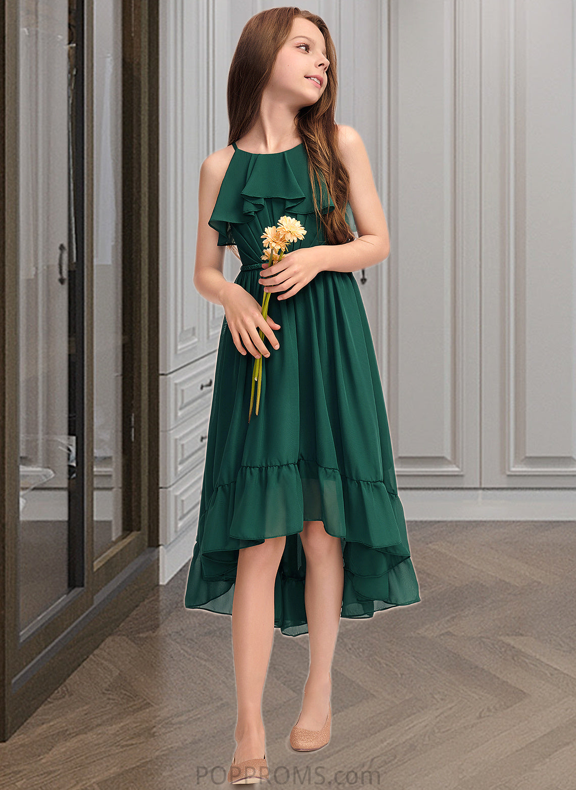 Gia A-Line Scoop Neck Asymmetrical Chiffon Junior Bridesmaid Dress With Cascading Ruffles PP6P0013395