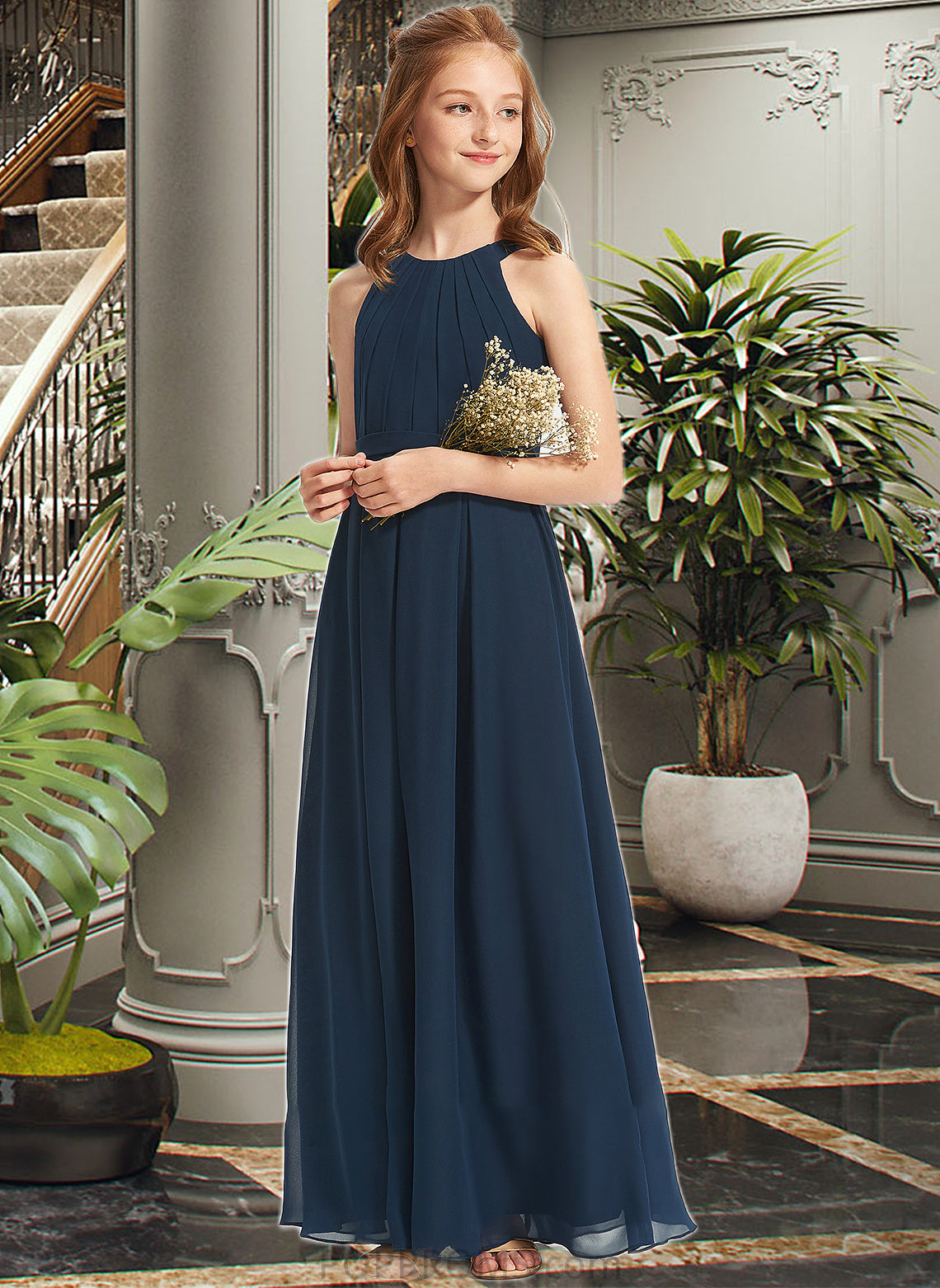 Gretchen A-Line Scoop Neck Floor-Length Chiffon Junior Bridesmaid Dress With Ruffle PP6P0013397