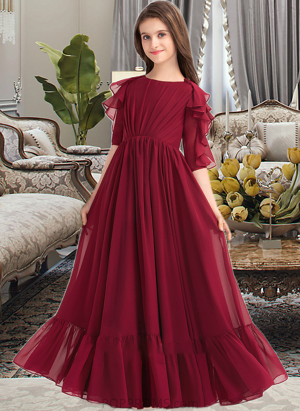 Crystal A-Line Scoop Neck Floor-Length Chiffon Junior Bridesmaid Dress With Cascading Ruffles PP6P0013398