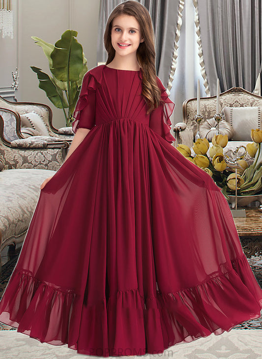 Crystal A-Line Scoop Neck Floor-Length Chiffon Junior Bridesmaid Dress With Cascading Ruffles PP6P0013398