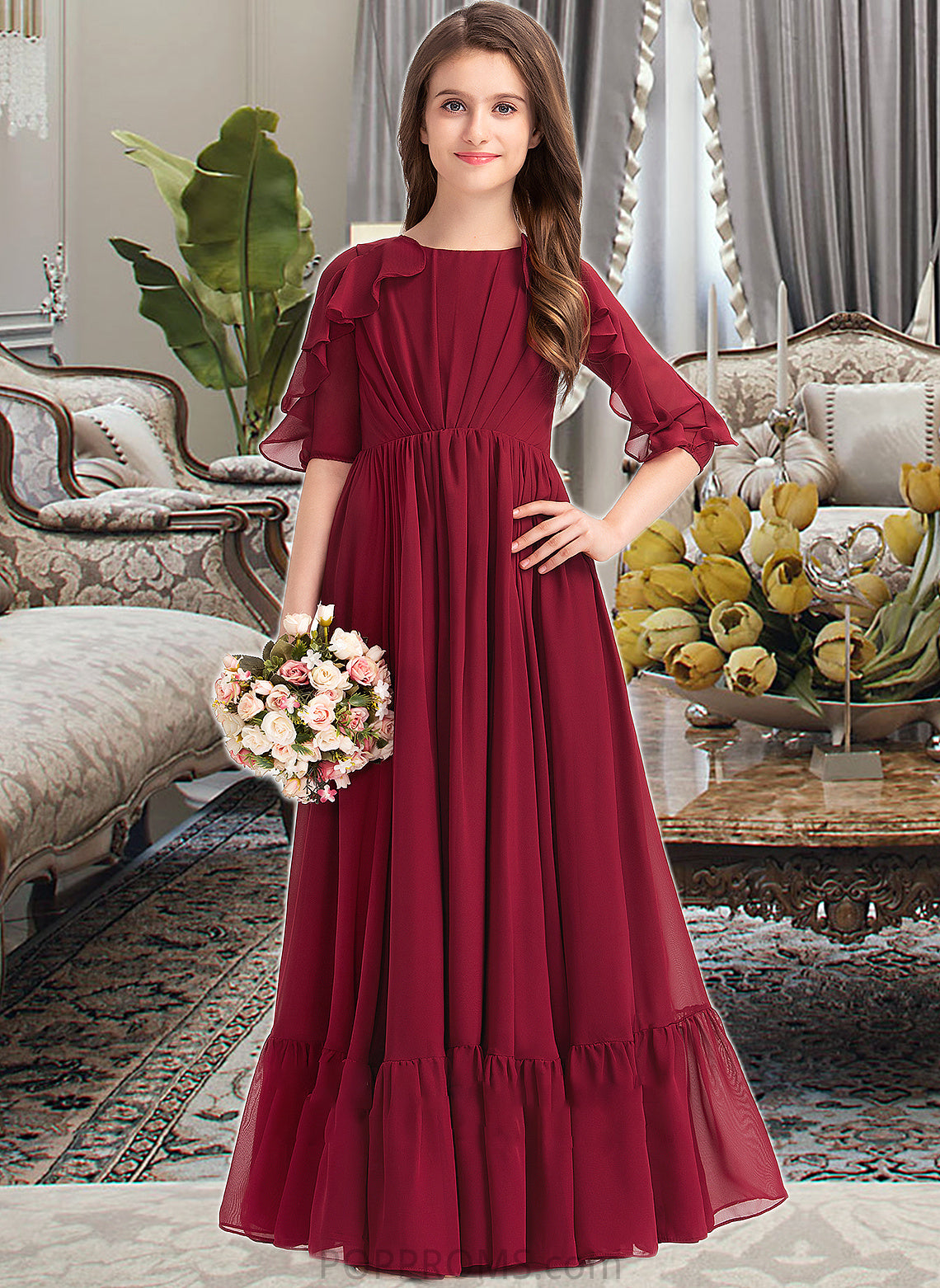 Crystal A-Line Scoop Neck Floor-Length Chiffon Junior Bridesmaid Dress With Cascading Ruffles PP6P0013398