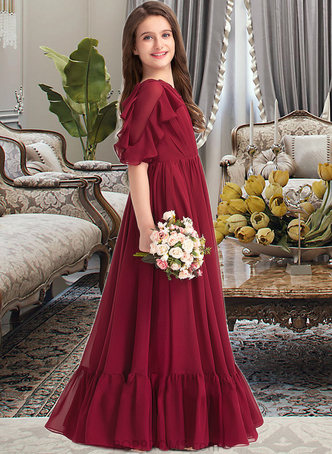 Crystal A-Line Scoop Neck Floor-Length Chiffon Junior Bridesmaid Dress With Cascading Ruffles PP6P0013398