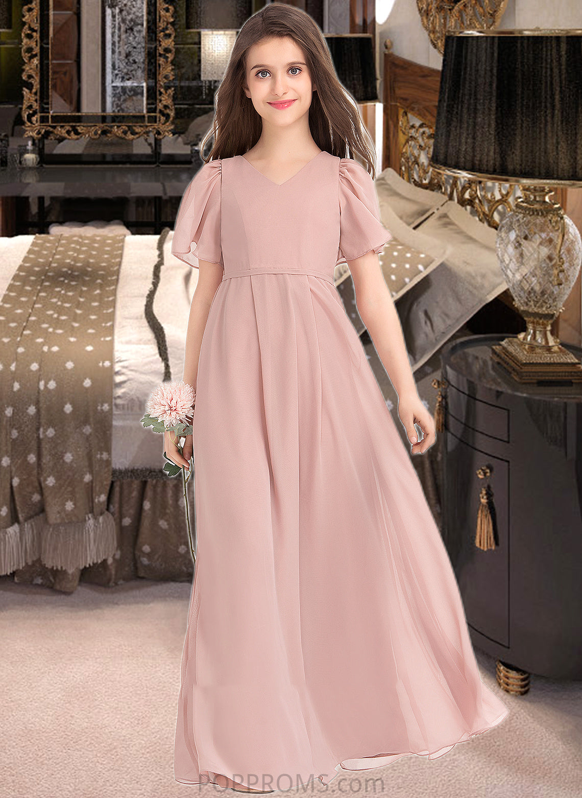 Lina A-Line V-neck Floor-Length Chiffon Junior Bridesmaid Dress With Bow(s) PP6P0013399