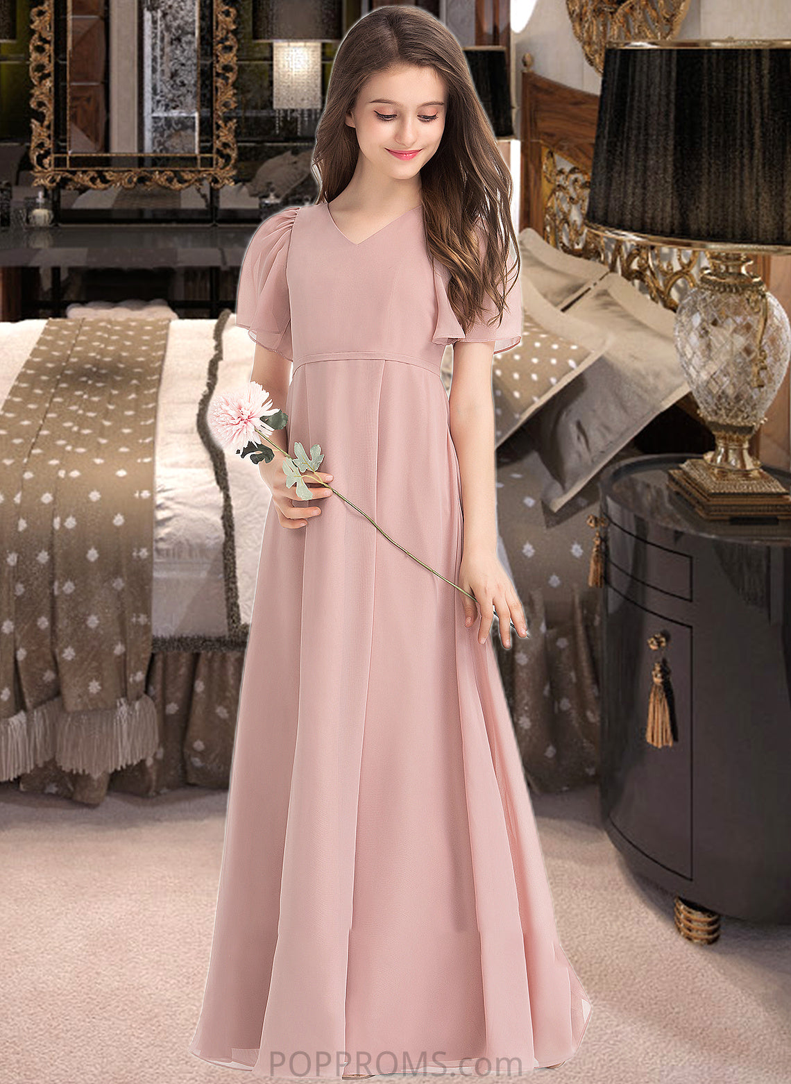 Lina A-Line V-neck Floor-Length Chiffon Junior Bridesmaid Dress With Bow(s) PP6P0013399