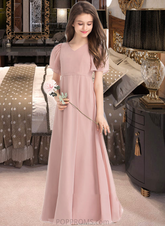 Lina A-Line V-neck Floor-Length Chiffon Junior Bridesmaid Dress With Bow(s) PP6P0013399