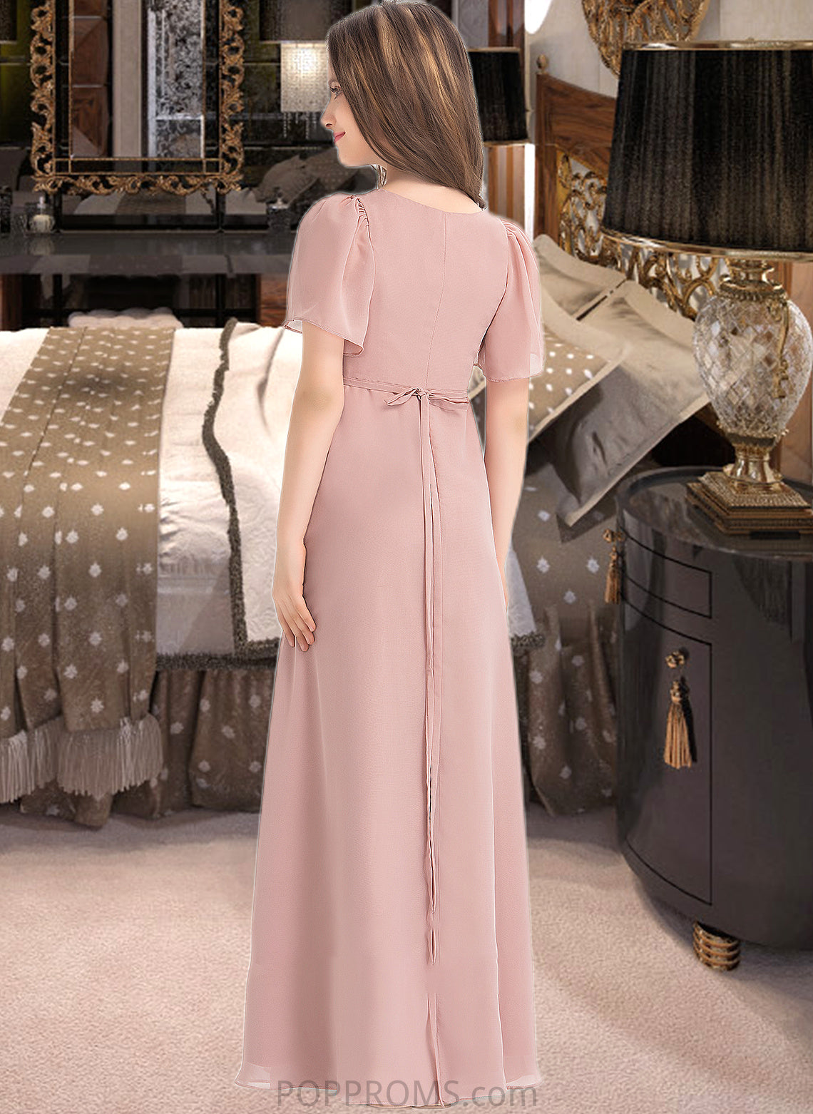 Lina A-Line V-neck Floor-Length Chiffon Junior Bridesmaid Dress With Bow(s) PP6P0013399