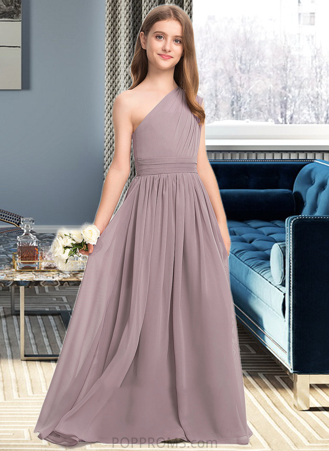 Taliyah A-Line One-Shoulder Floor-Length Chiffon Junior Bridesmaid Dress With Ruffle PP6P0013400