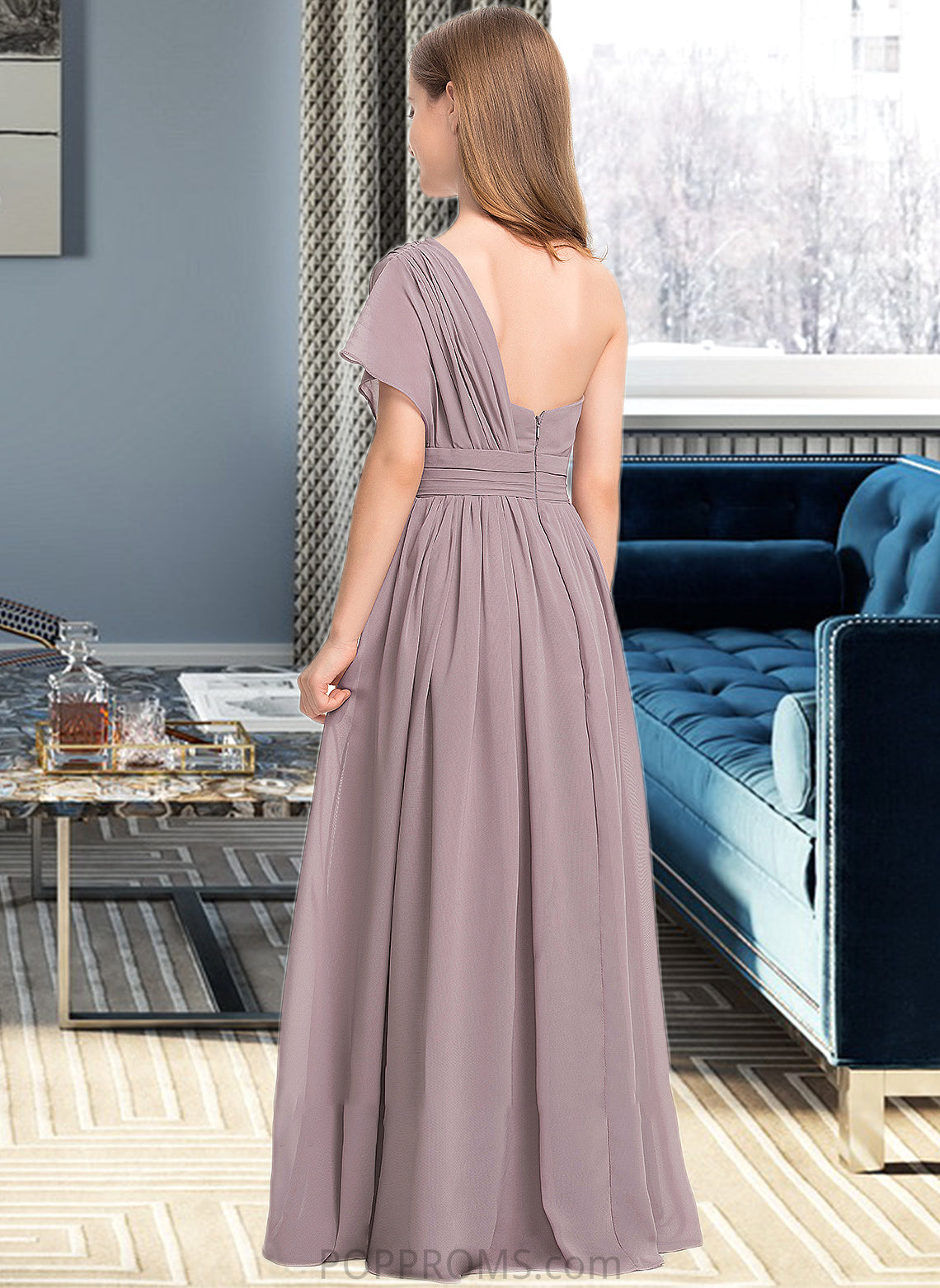 Taliyah A-Line One-Shoulder Floor-Length Chiffon Junior Bridesmaid Dress With Ruffle PP6P0013400