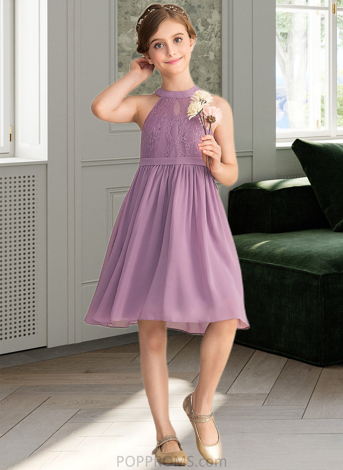 Kaylee A-Line Scoop Neck Knee-Length Chiffon Lace Junior Bridesmaid Dress PP6P0013401