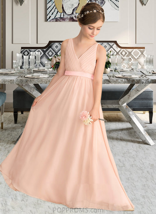 Irene A-Line V-neck Floor-Length Chiffon Junior Bridesmaid Dress With Ruffle Bow(s) PP6P0013402