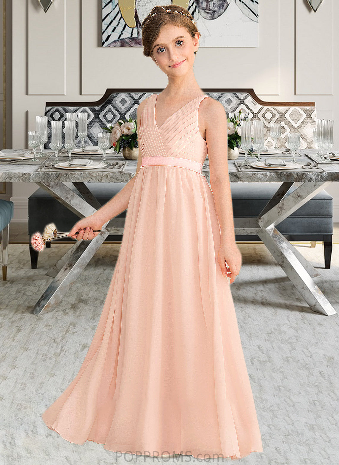 Irene A-Line V-neck Floor-Length Chiffon Junior Bridesmaid Dress With Ruffle Bow(s) PP6P0013402