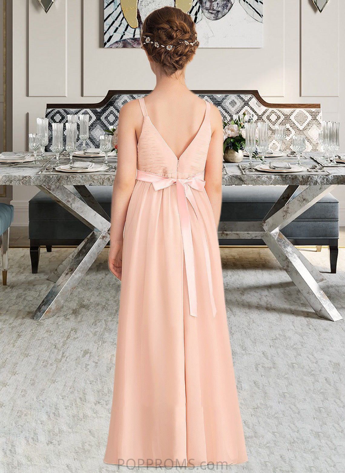 Irene A-Line V-neck Floor-Length Chiffon Junior Bridesmaid Dress With Ruffle Bow(s) PP6P0013402