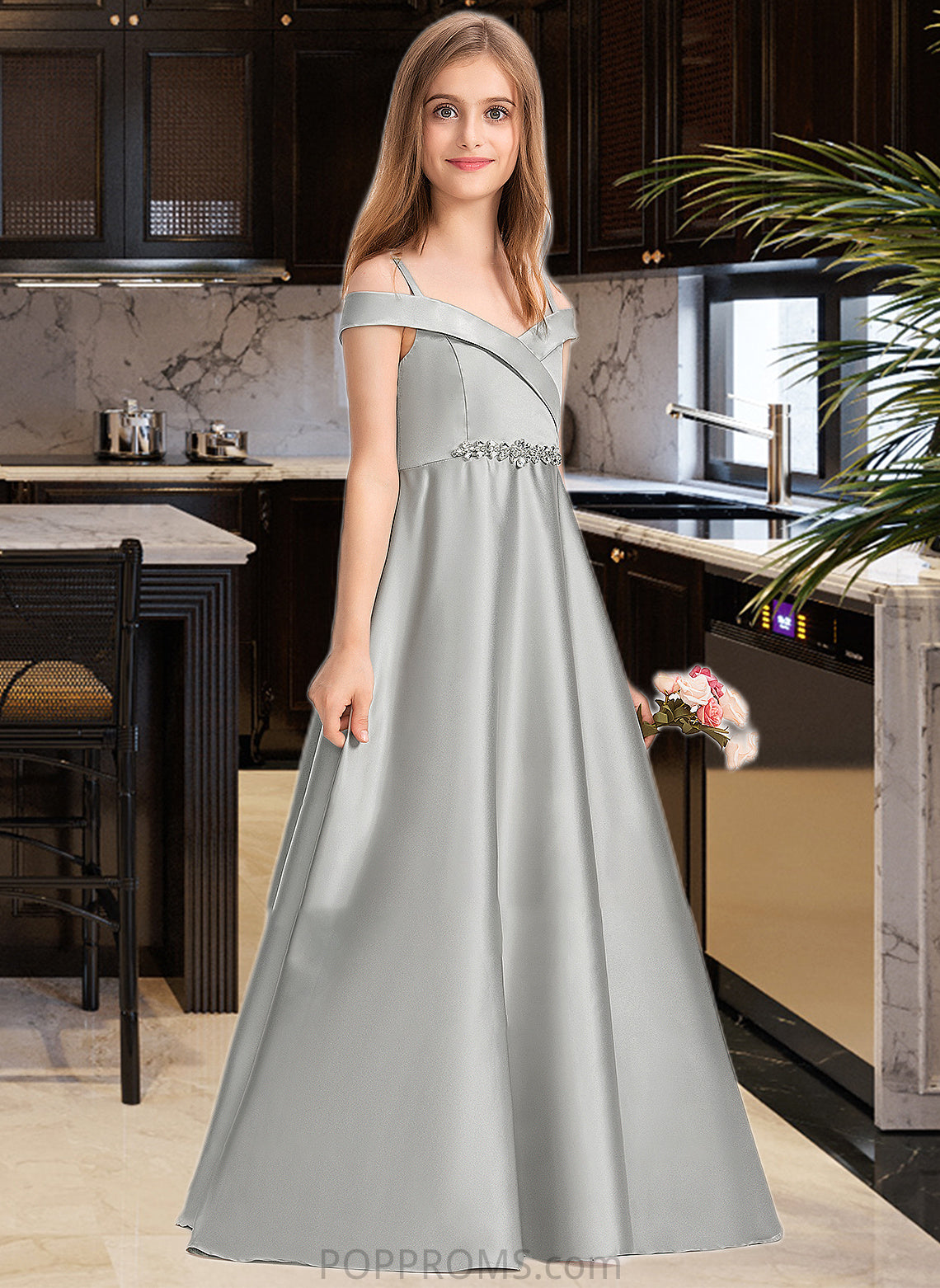 Evelyn Ball-Gown/Princess Off-the-Shoulder Floor-Length Satin Junior Bridesmaid Dress PP6P0013404