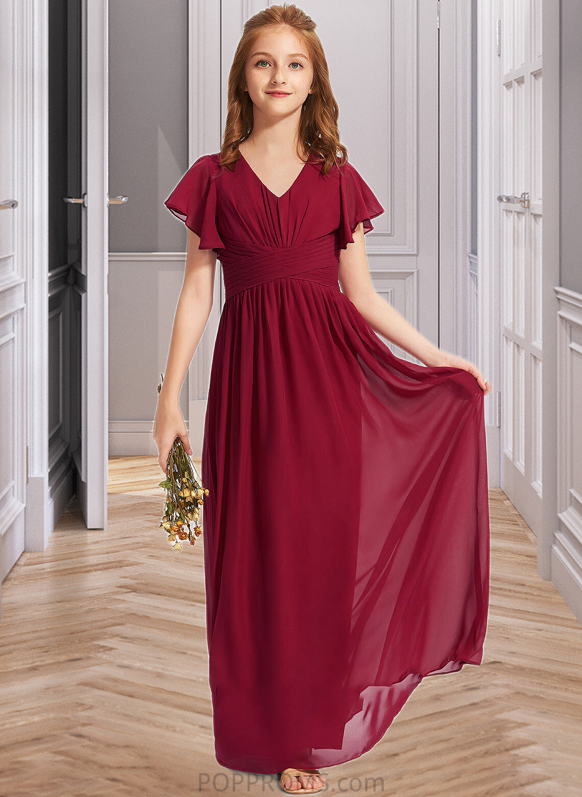 Maureen A-Line V-neck Floor-Length Chiffon Junior Bridesmaid Dress With Ruffle PP6P0013405