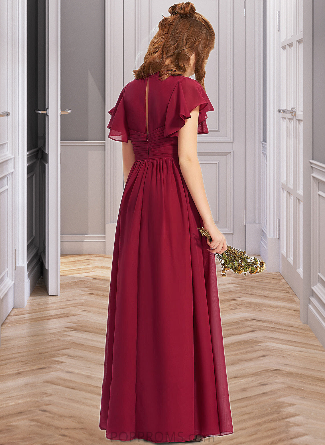 Maureen A-Line V-neck Floor-Length Chiffon Junior Bridesmaid Dress With Ruffle PP6P0013405