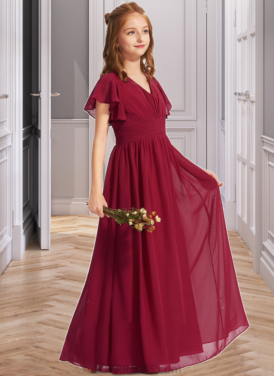 Maureen A-Line V-neck Floor-Length Chiffon Junior Bridesmaid Dress With Ruffle PP6P0013405