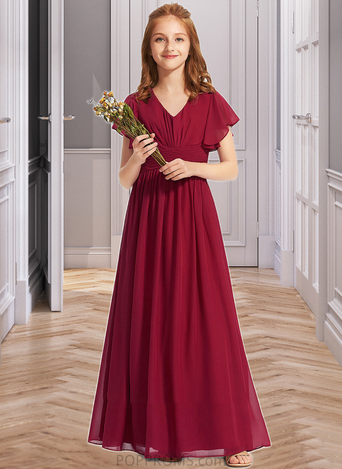 Maureen A-Line V-neck Floor-Length Chiffon Junior Bridesmaid Dress With Ruffle PP6P0013405