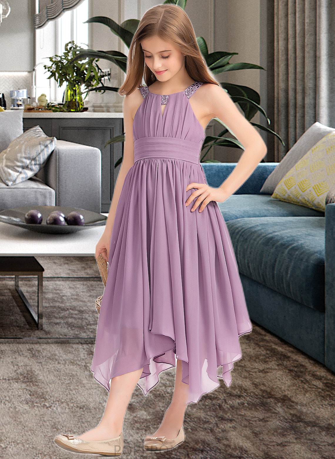 Lia A-Line Scoop Neck Tea-Length Chiffon Junior Bridesmaid Dress With Ruffle Beading Bow(s) PP6P0013406