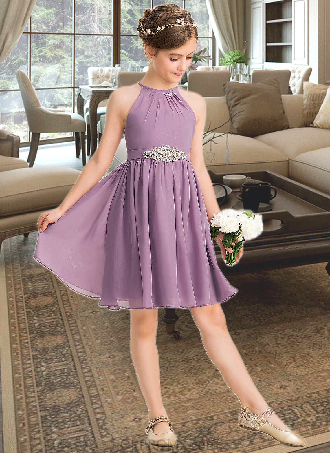 Evelin A-Line Scoop Neck Knee-Length Chiffon Junior Bridesmaid Dress With Ruffle Beading PP6P0013407