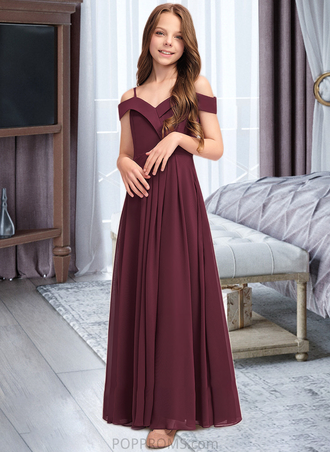 Heather A-Line Off-the-Shoulder Floor-Length Chiffon Junior Bridesmaid Dress PP6P0013408