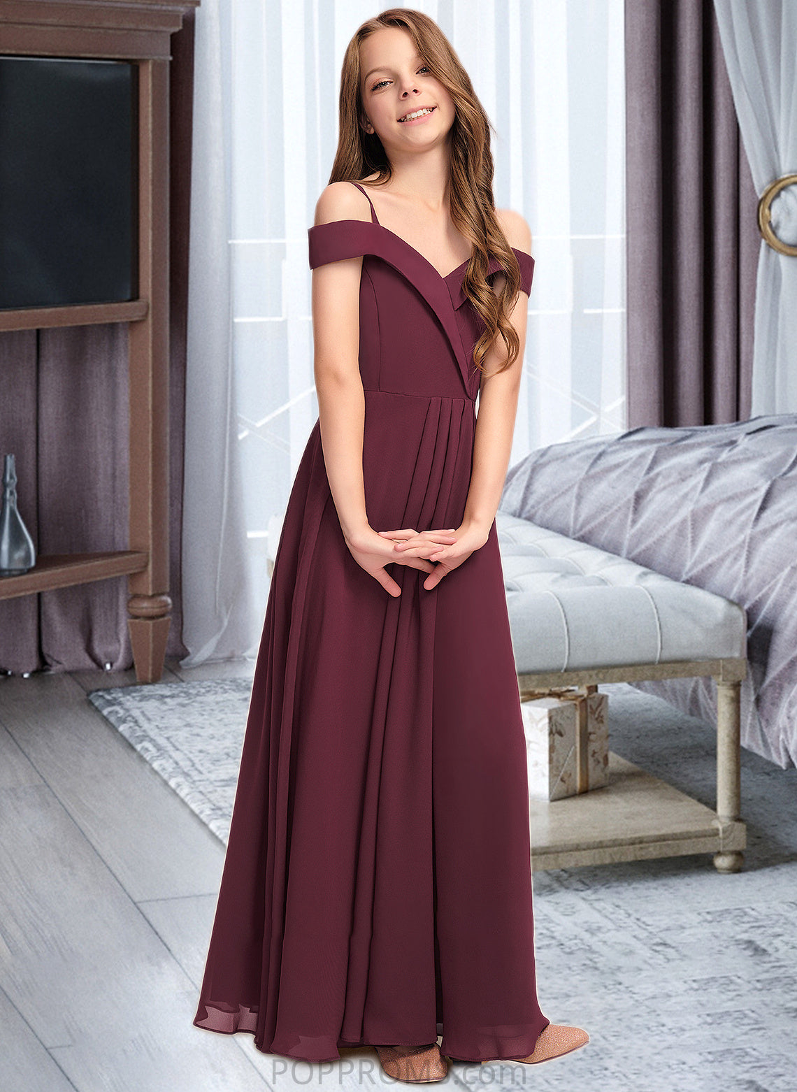 Heather A-Line Off-the-Shoulder Floor-Length Chiffon Junior Bridesmaid Dress PP6P0013408