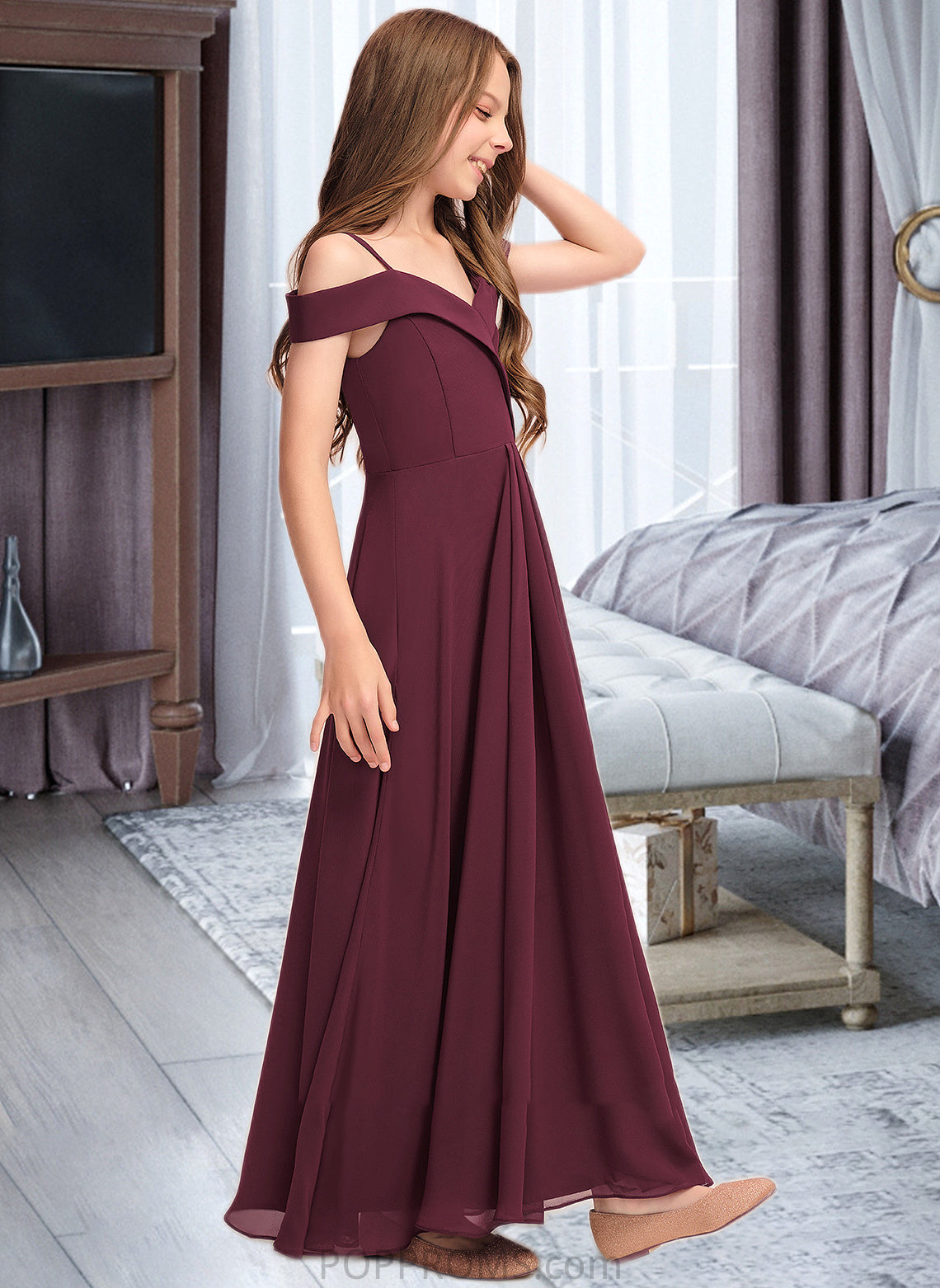 Heather A-Line Off-the-Shoulder Floor-Length Chiffon Junior Bridesmaid Dress PP6P0013408