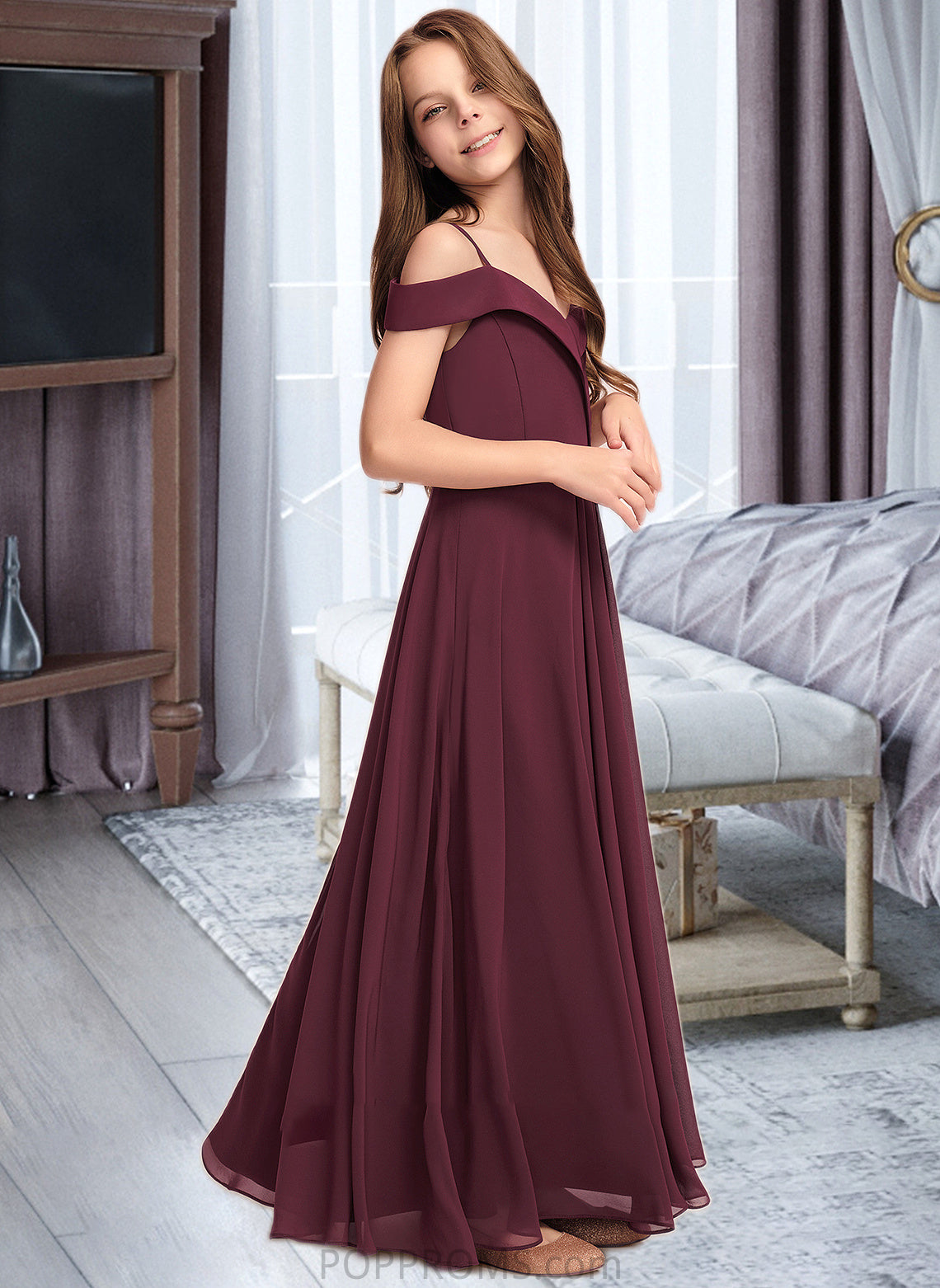 Heather A-Line Off-the-Shoulder Floor-Length Chiffon Junior Bridesmaid Dress PP6P0013408