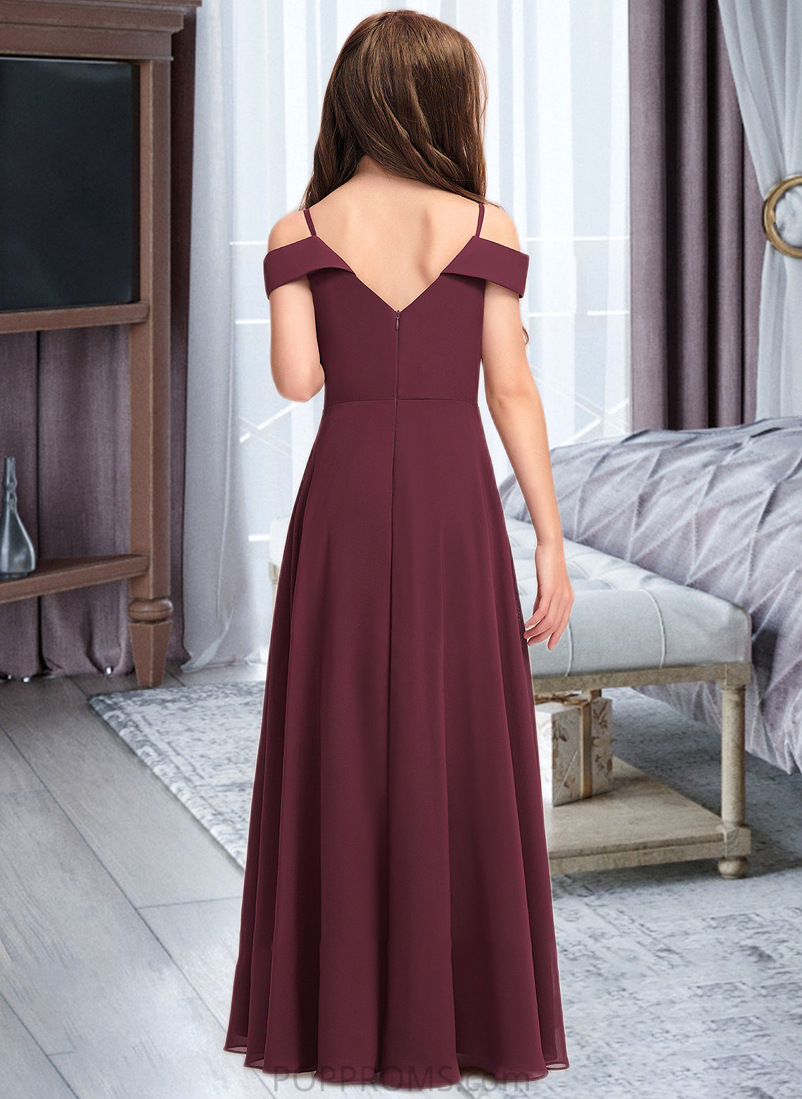 Heather A-Line Off-the-Shoulder Floor-Length Chiffon Junior Bridesmaid Dress PP6P0013408