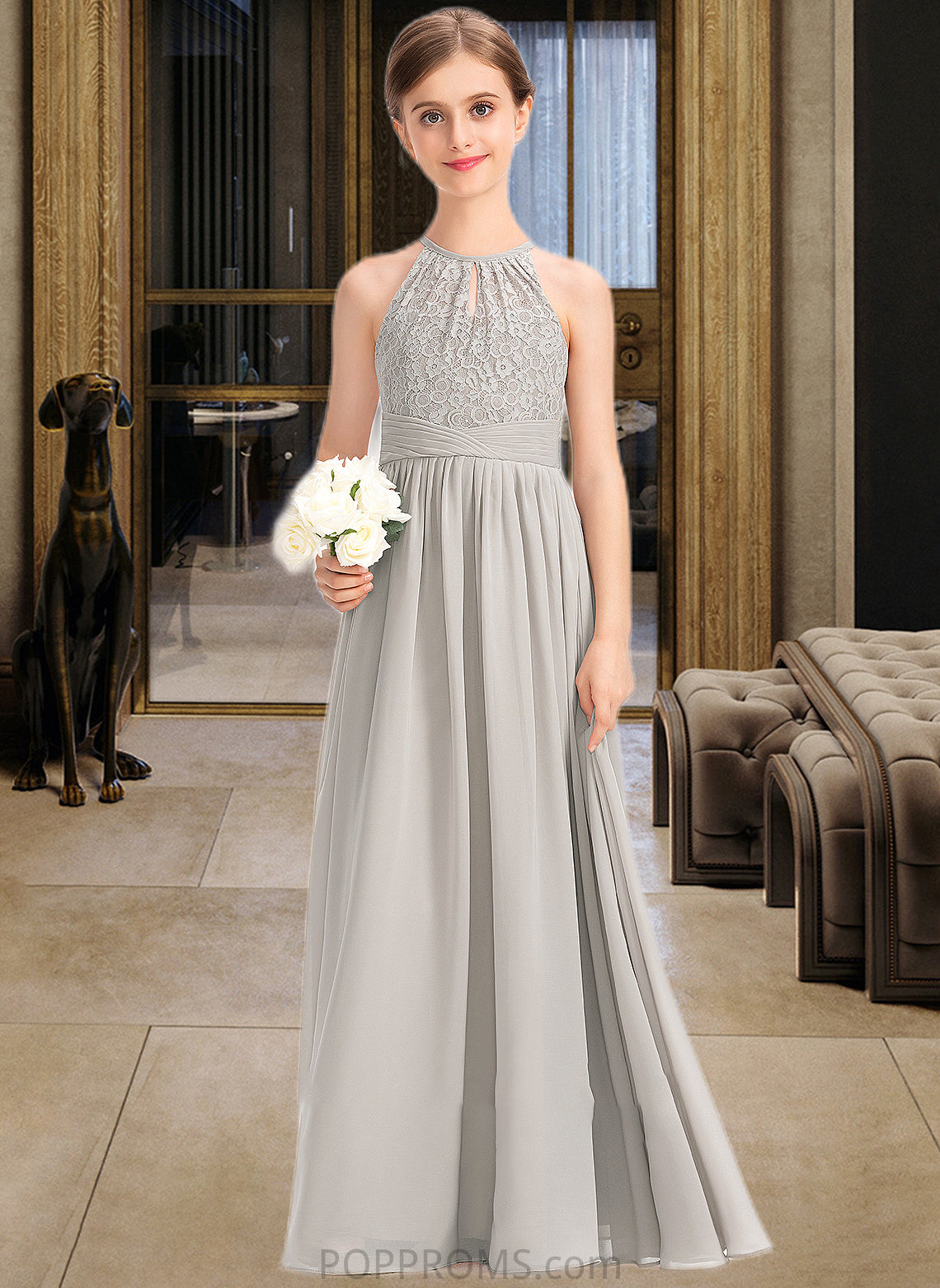 Lynn A-Line Scoop Neck Floor-Length Chiffon Lace Junior Bridesmaid Dress With Ruffle PP6P0013409