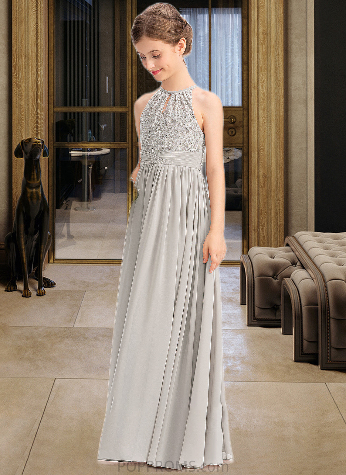 Lynn A-Line Scoop Neck Floor-Length Chiffon Lace Junior Bridesmaid Dress With Ruffle PP6P0013409