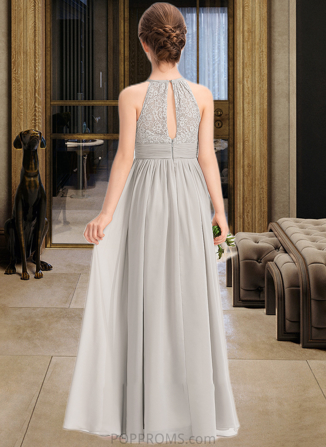 Lynn A-Line Scoop Neck Floor-Length Chiffon Lace Junior Bridesmaid Dress With Ruffle PP6P0013409