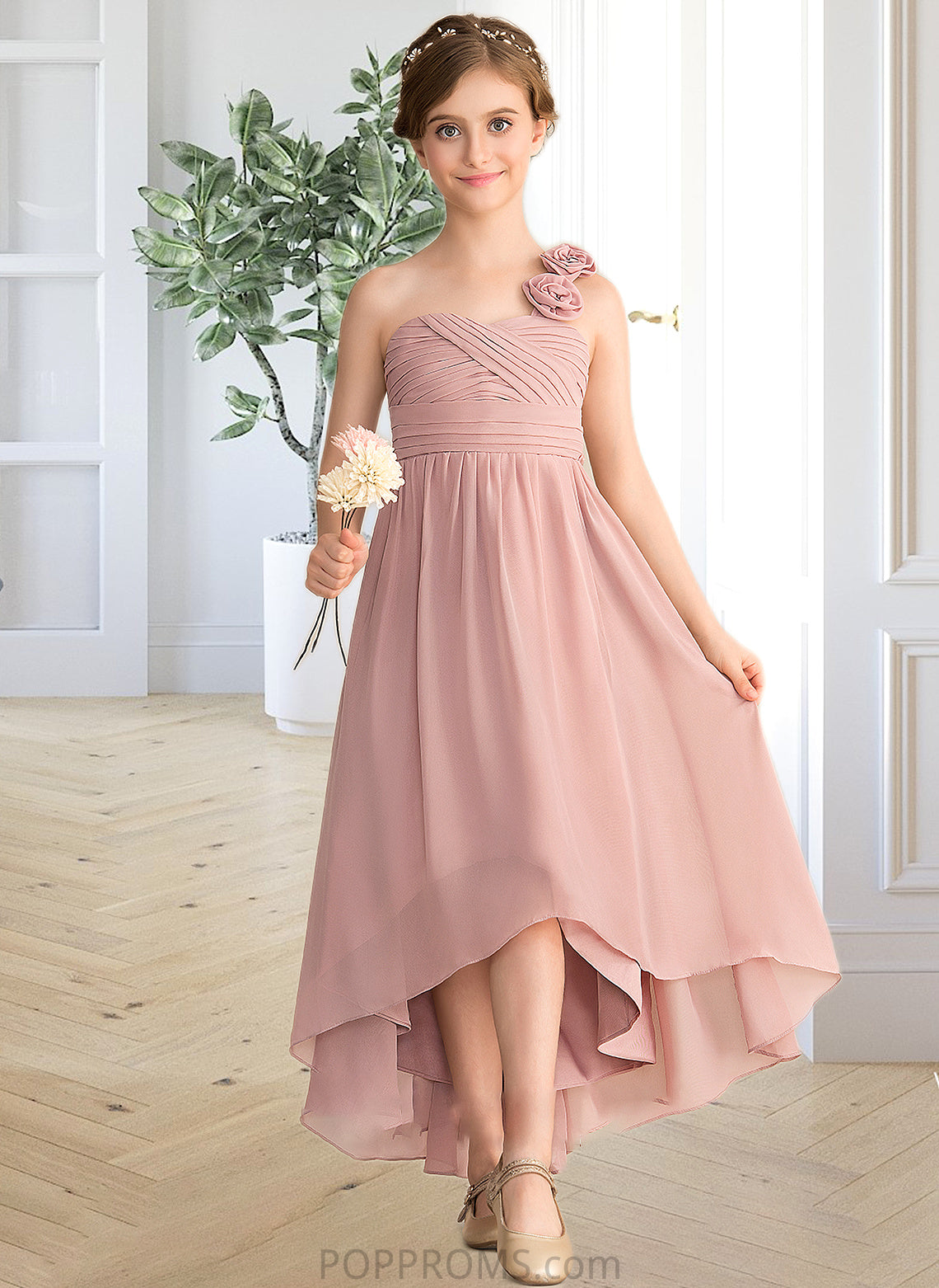 Paulina A-Line One-Shoulder Asymmetrical Chiffon Junior Bridesmaid Dress With Ruffle Flower(s) Bow(s) PP6P0013410