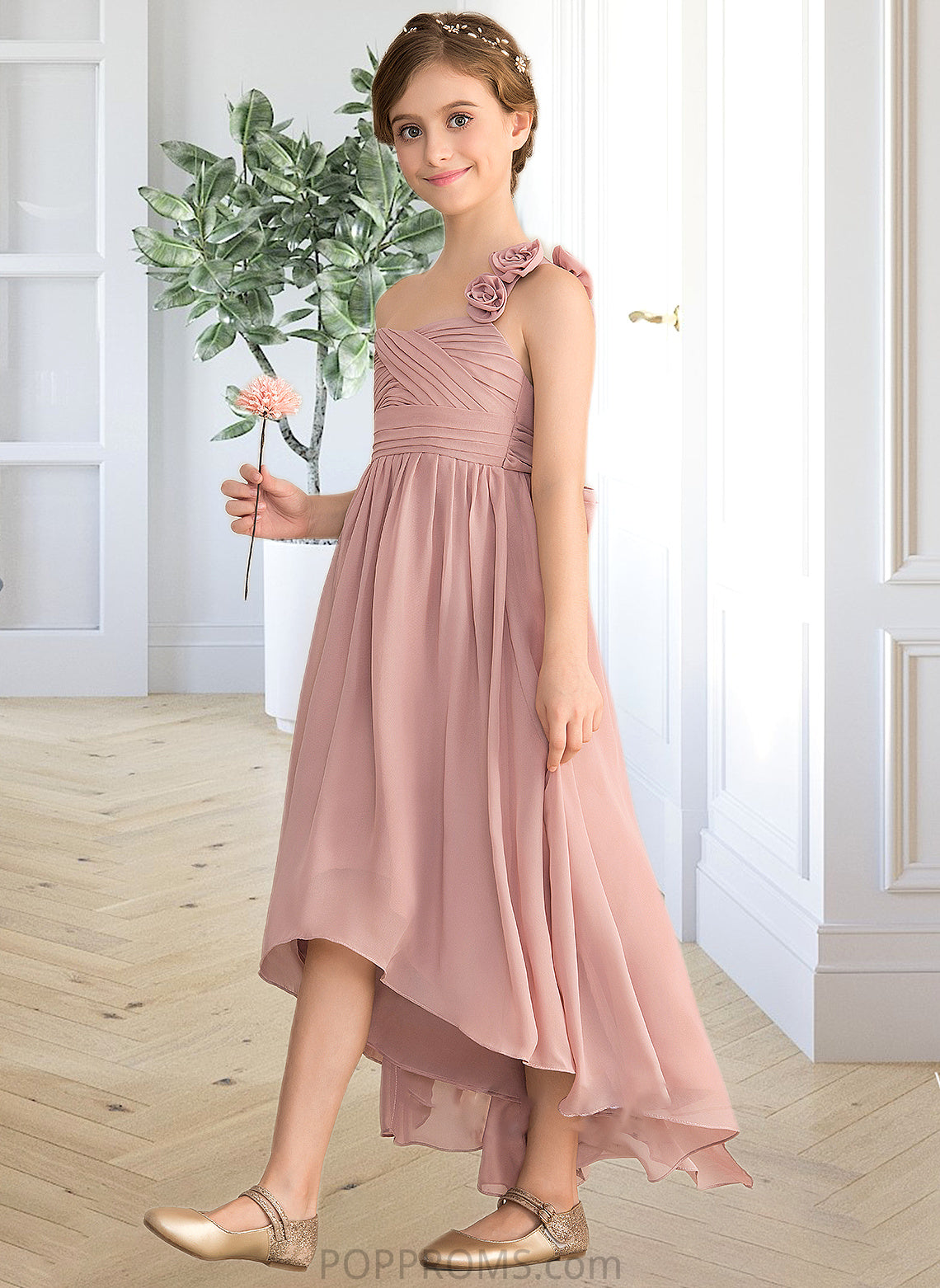 Paulina A-Line One-Shoulder Asymmetrical Chiffon Junior Bridesmaid Dress With Ruffle Flower(s) Bow(s) PP6P0013410