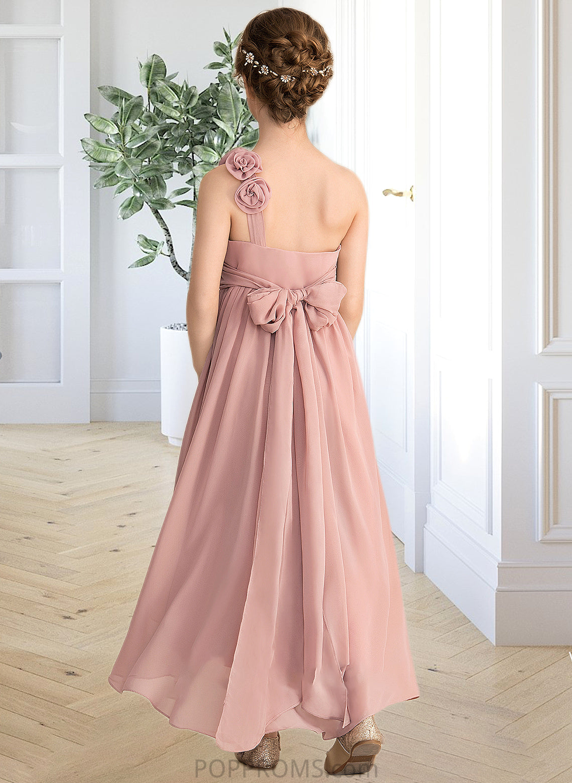 Paulina A-Line One-Shoulder Asymmetrical Chiffon Junior Bridesmaid Dress With Ruffle Flower(s) Bow(s) PP6P0013410