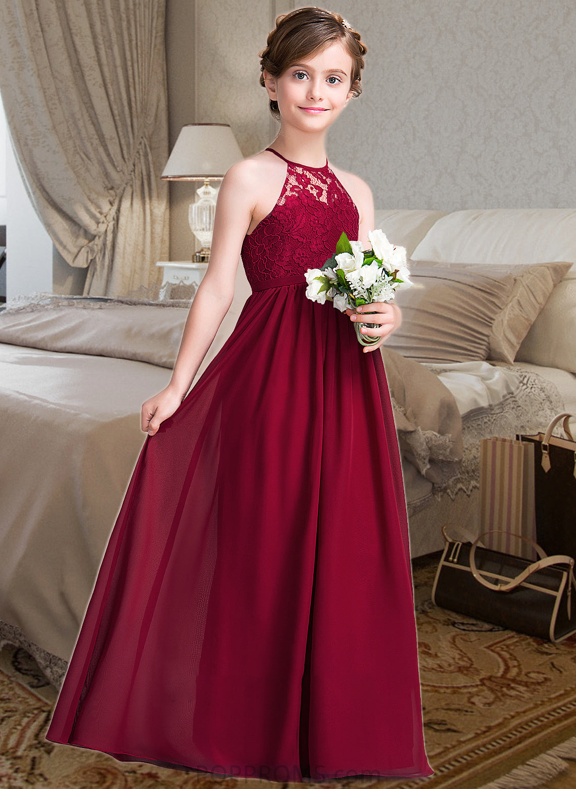 Vera A-Line Scoop Neck Floor-Length Chiffon Junior Bridesmaid Dress PP6P0013412