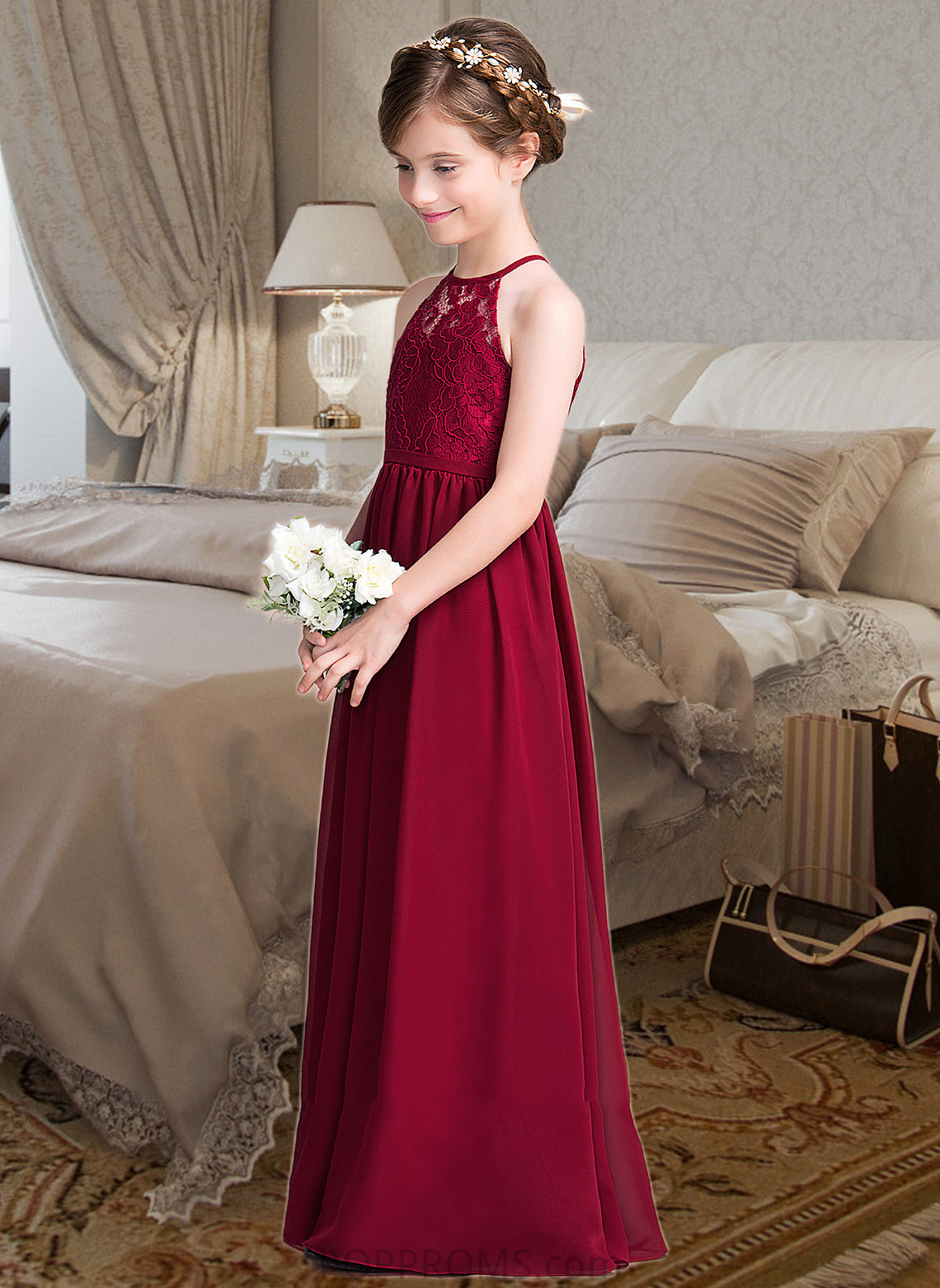 Vera A-Line Scoop Neck Floor-Length Chiffon Junior Bridesmaid Dress PP6P0013412